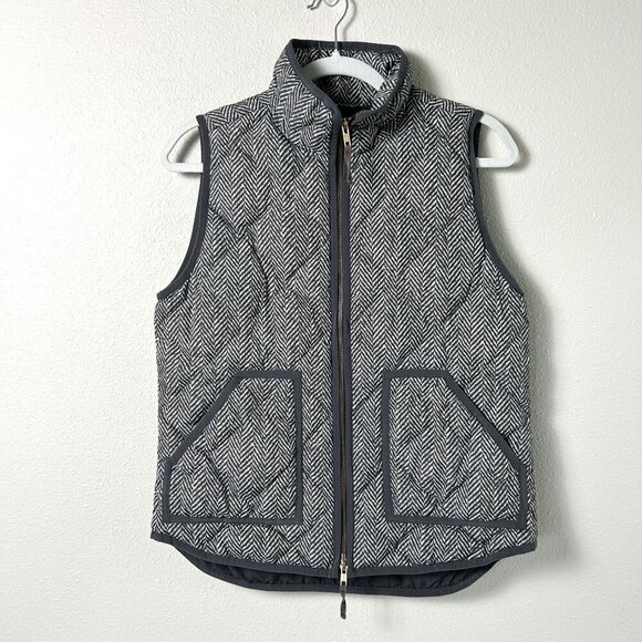 J Crew Quilted Puffer Vest Womens Size S Gray Herringbone Full Zip Pockets 02533 - Picture 1 of 14